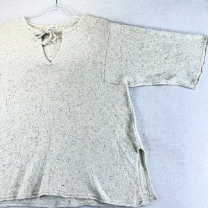 J JILL Pure Jill Women L Beige Cotton Wool Blend Short Sleeve Tie Neck Tunic Top